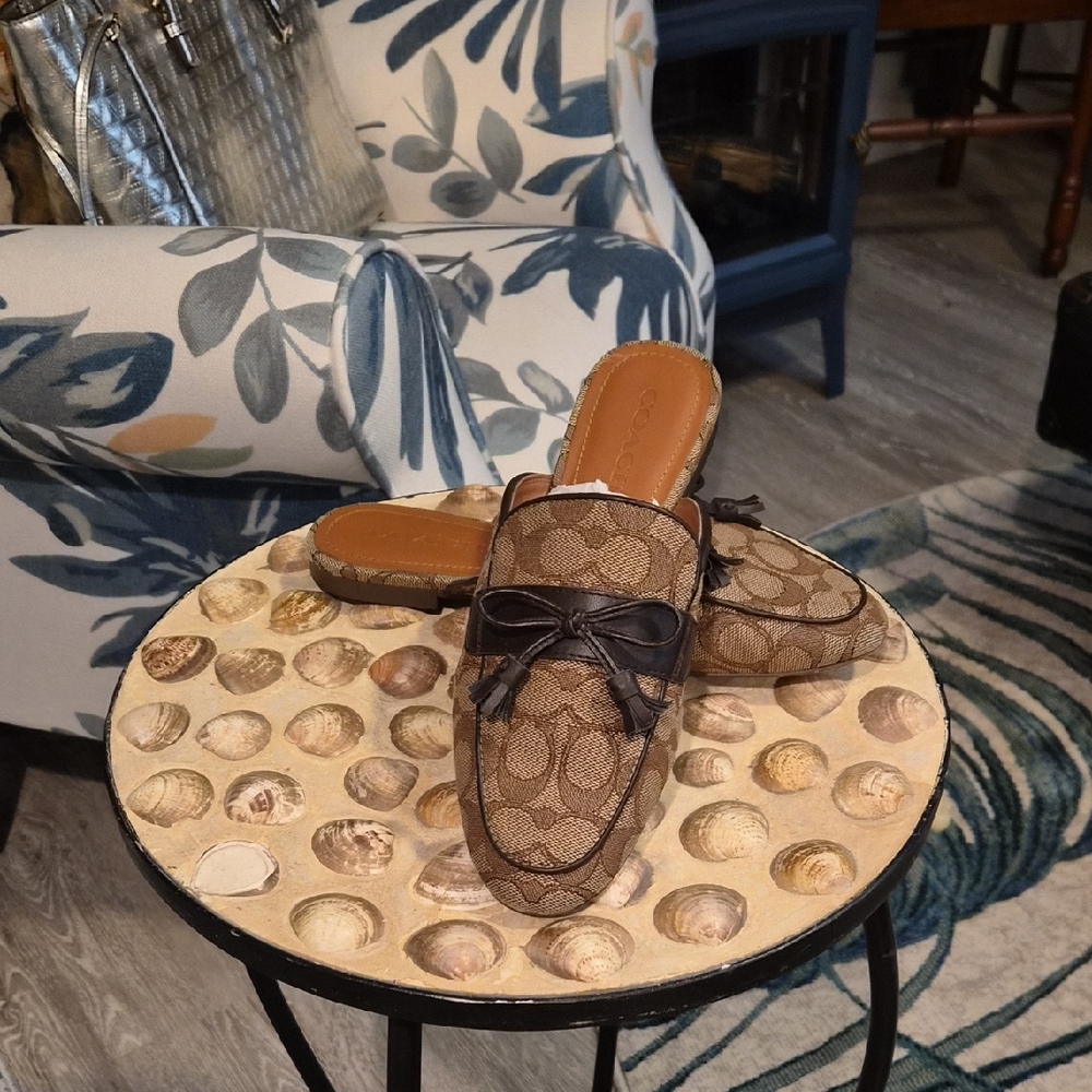 Coach Brown Patterned Mules with Bow